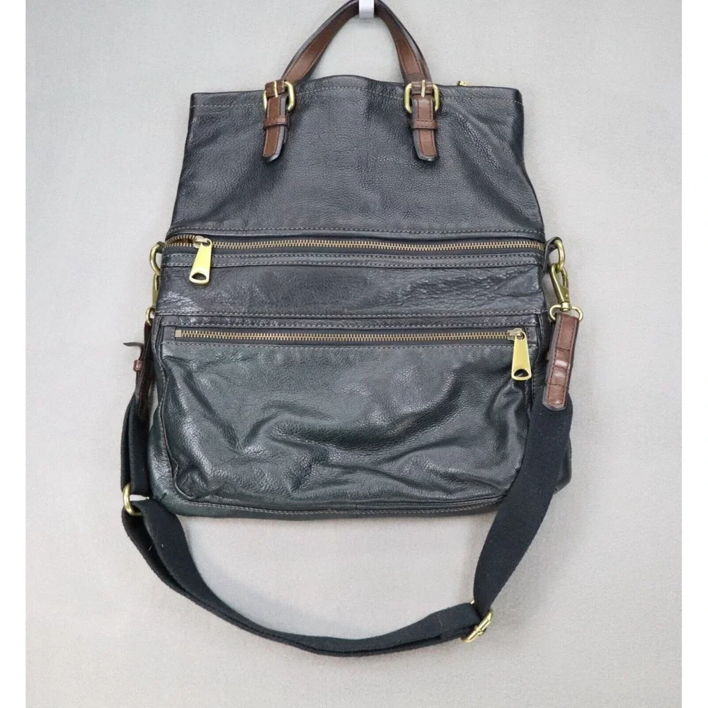 Fossil Explorer Large Crossbody Shoulder Bag Carryall Tote Black Fold-Over Purse